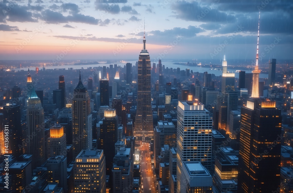 Obraz premium Stunning twilight cityscape, a captivating panorama of skyscrapers and city lights against a dramatic sky. Illuminated buildings stretch to the horizon, creating a mesmerizing urban view.