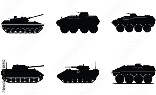 Set of military tank silhouette vector icons for war and transport themes