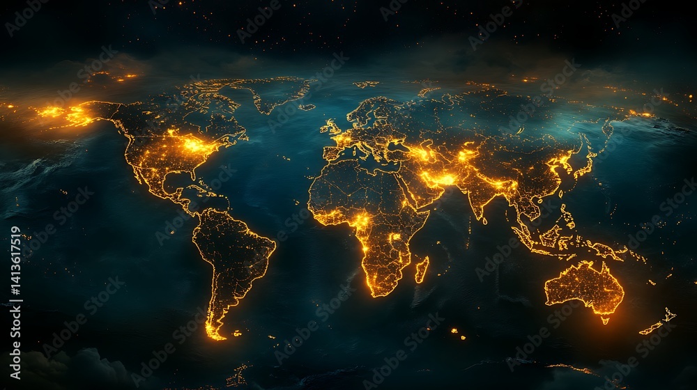 Obraz premium Europe at Night Illuminated City Lights and Connections, Aerial view of Europe at night with illuminated city lights and glowing connections