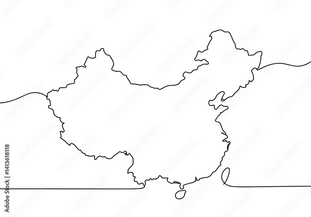Obraz premium One line vector outline of China map. Minimalistic continuous line drawing, modern design element for posters, prints, travel projects and presentations.