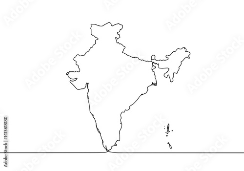 One line vector outline of India map. Minimalistic continuous line drawing, modern design element for posters, prints, travel projects and presentations.