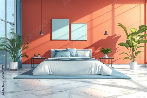Modern Bedroom Interior Design with Orange Wall, Potted Plants, and Minimalist Furniture – Embrace Stylish Home Decor and Contemporary Elegance