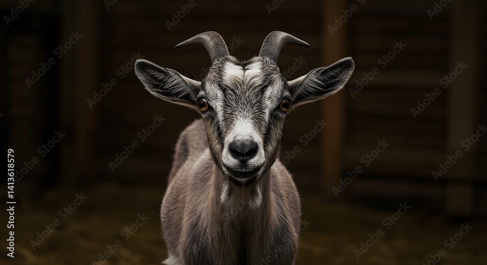 Standing Goat Portrait with Horns in Barn Standing Goat Portrait with Horns in Barn