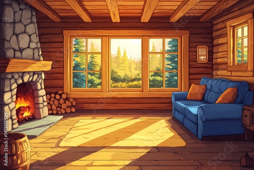 Cozy Log Cabin Living Room with Fireplace and Nature View: Rustic Design with Warm Colors, Wooden Furniture, and Scenic Forest Windows