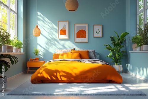 Modern Bedroom Interior Design: Cozy Atmosphere with Orange Bedding, Blue Walls, and Vibrant Decor for a Serene, Light-Filled Sanctuary