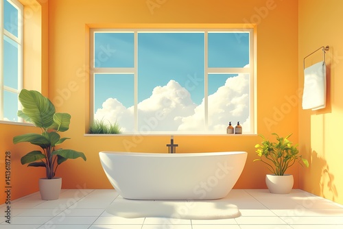 Modern Bathroom With Orange Walls and Bathtub Embraces Natural Light and Plants for a Tranquil Spa-like Sanctuary