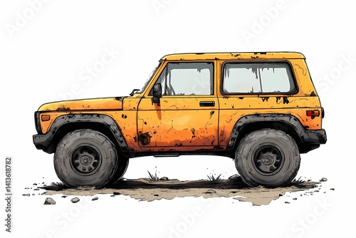 Vintage Yellow Off-Road SUV Illustration: Classic and Rugged Adventure Design for Dirty Terrain Exploration