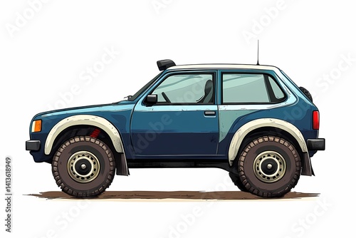 Blue SUV Side View Illustration: Compact Urban Crossover Vehicle with Rugged Design for Off-Road Adventure and Stylish Modern Engineering in Digital Art