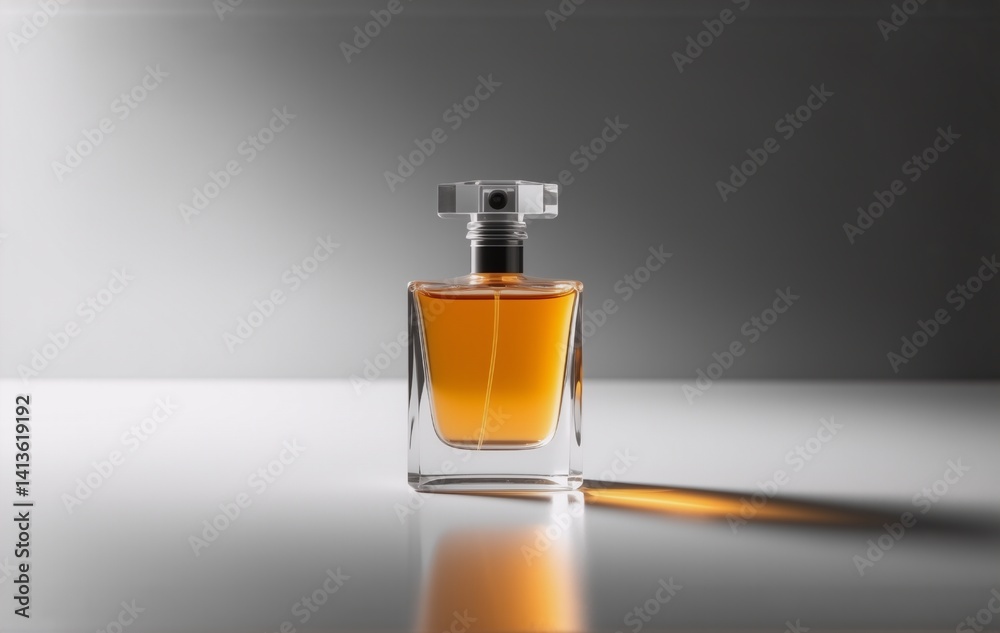 A single amber perfume bottle, with a clear glass, sits on a reflective white surface, dramatically lit. The fragrance is showcased in minimalist style. A single amber perfume bottle, with a clear glass, sits on a reflective white surface, dramatically lit. The fragrance is showcased in minimalist style.