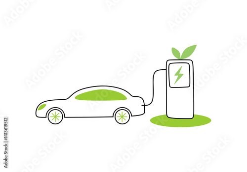 simple line illustration of an eco-friendly electric car powered by green energy