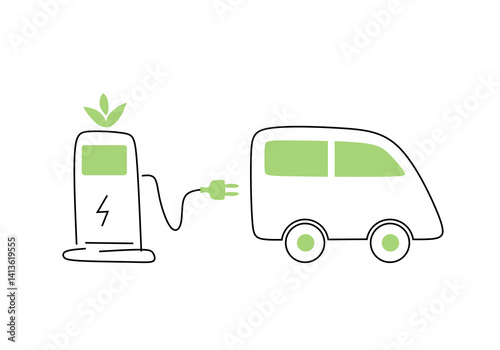 simple line illustration of an eco-friendly electric car powered by green energy