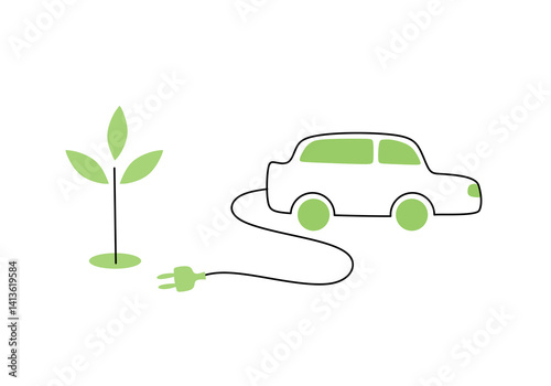 simple line illustration of an eco-friendly electric car powered by green energy