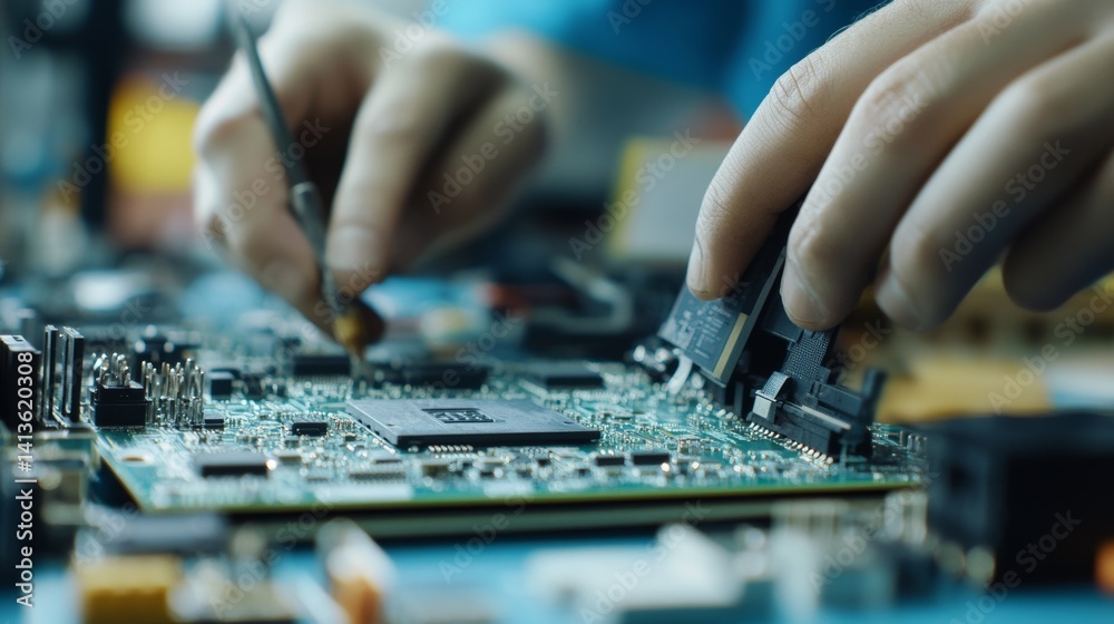 Technician assembling a computer motherboard in an electronics workshop. Featuring tech assembly and precision work Technician assembling a computer motherboard in an electronics workshop. Featuring tech assembly and precision work