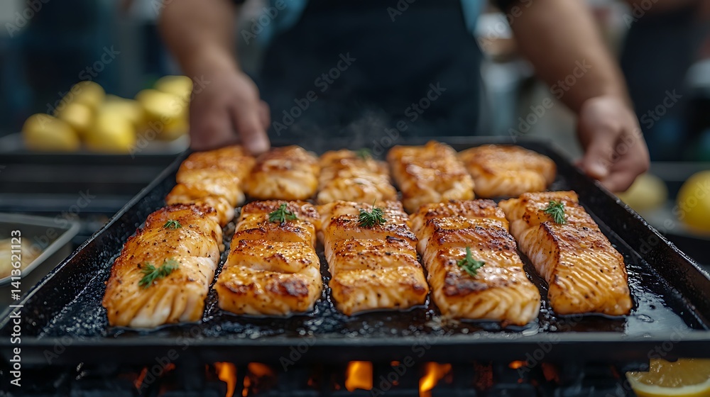 Naklejka premium Chef grilling seasoned fish filets on open grill with fire below. Golden char marks and sizzling oil highlight fresh seafood tradition. Celebrating Friday Fish Fry Day