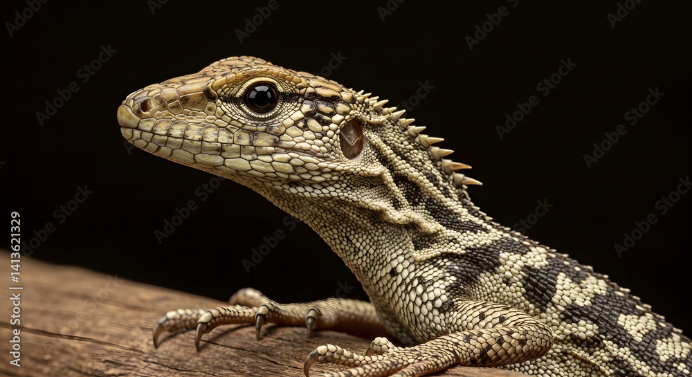 Naklejka premium Detailed Lizard Portrait on Wood with Striking Scale Pattern