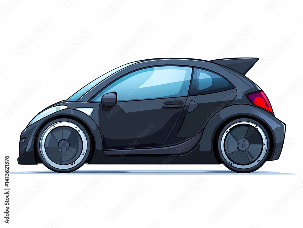 Fototapeta premium Modern Black Compact Car Illustration: Sleek Automotive Design and Sporty Style in Side View