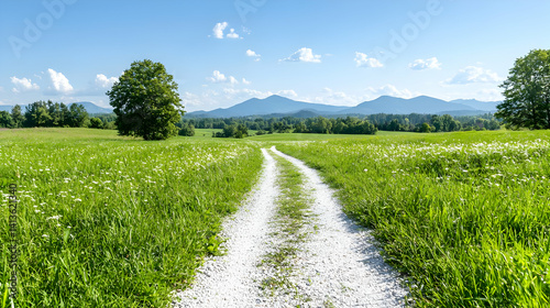 Serene country road leading to majestic mountains panoramic view
