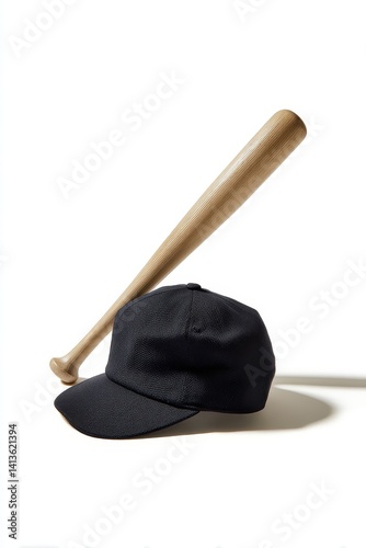 Obraz na płótnie Baseball bat and cap, subtly angled, against a neutral backdrop - retro neutral studio vintage baseball w salonie