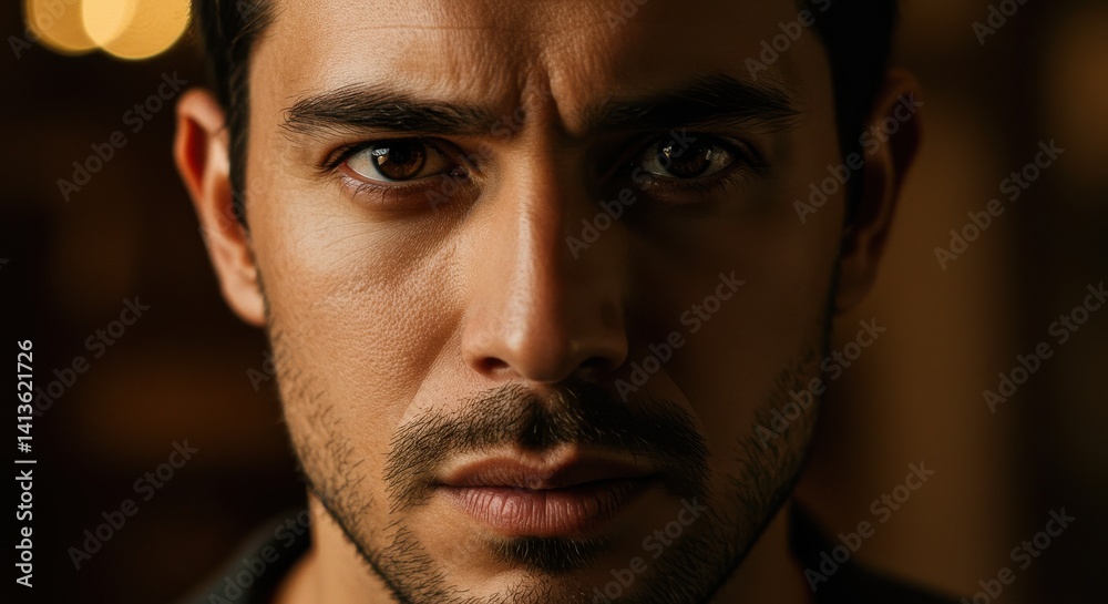 Fototapeta premium Close-up portrait of a man with short dark hair and a beard in dim lighting