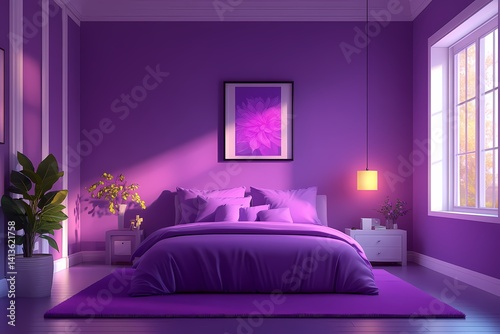Modern Cozy Purple Bedroom Interior Design: Inviting Space with Elegant Style and Soft Furnishings
