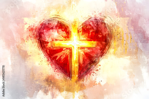 Faith and love concept with golden cross in heart, watercolor illustration for Christian devotion, prayer and worship themes