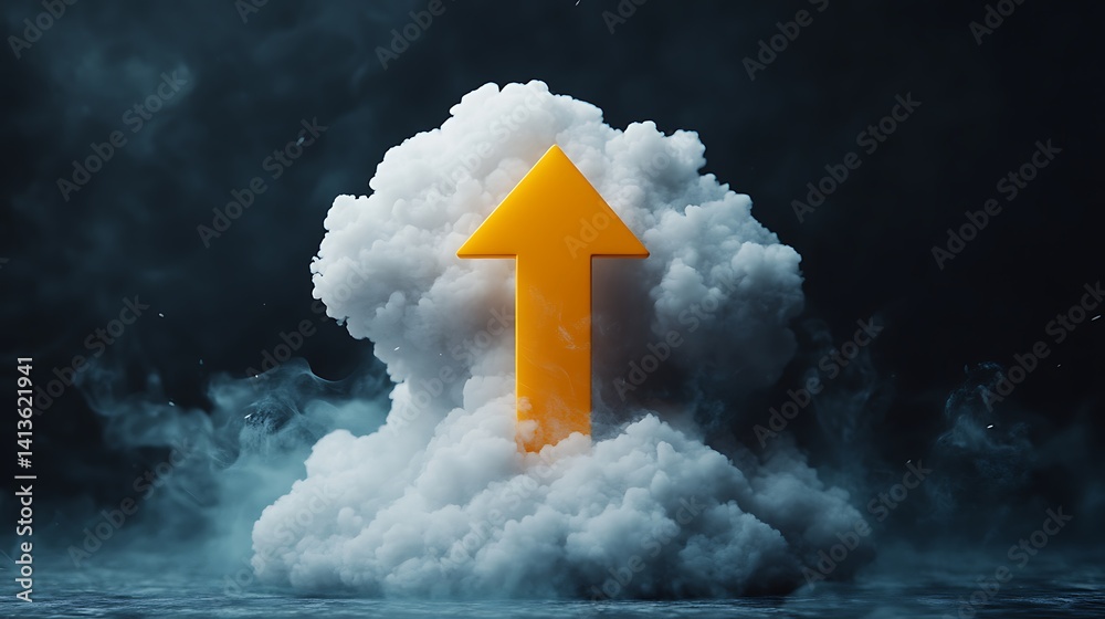 Fototapeta premium Cloud Computing Concept with Upward Arrow, A fluffy white cloud with a yellow upward arrow on a dark background