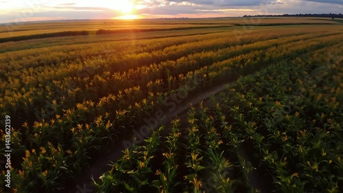 a sunlit cornfield stretching toward the horizon, bathed in the warm, golden tones of golden hour