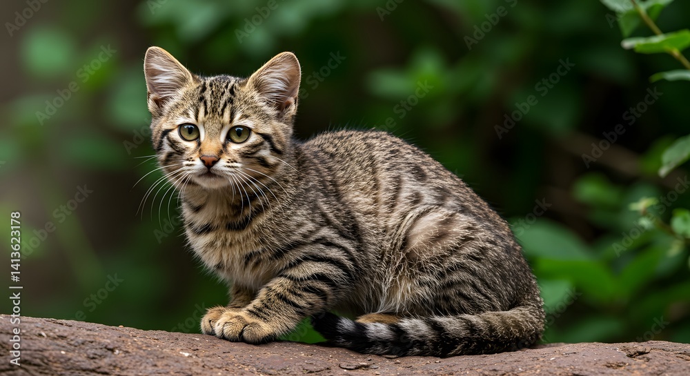 Sitting Kitten Looking Alert with Striped Fur in Natural Setting Sitting Kitten Looking Alert with Striped Fur in Natural Setting