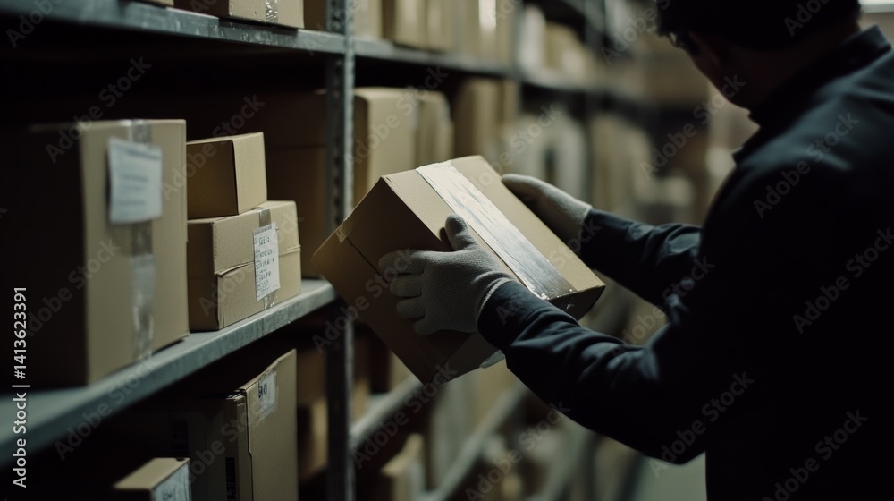 Warehouse worker stacking boxes in a storage facility. Featuring logistics work and inventory management Warehouse worker stacking boxes in a storage facility. Featuring logistics work and inventory management