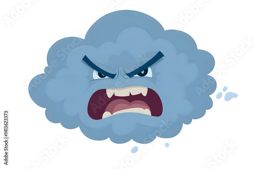 Cartoon Illustration of an Angry Cloud with Blue Hues on Transparent Background