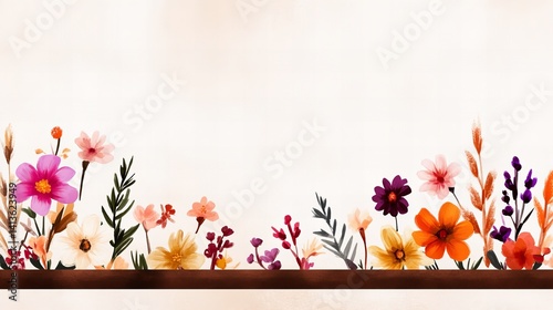 Watercolor flowers are arranged along a dark brown band with a light beige background, creating a soft, decorative effect.