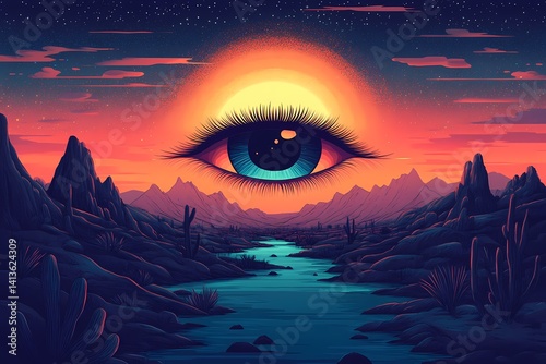 Surreal Desert Landscape at Sunset with Cosmic Sky and Starry River Reflection - A Vibrant Dreamscape Illustration
