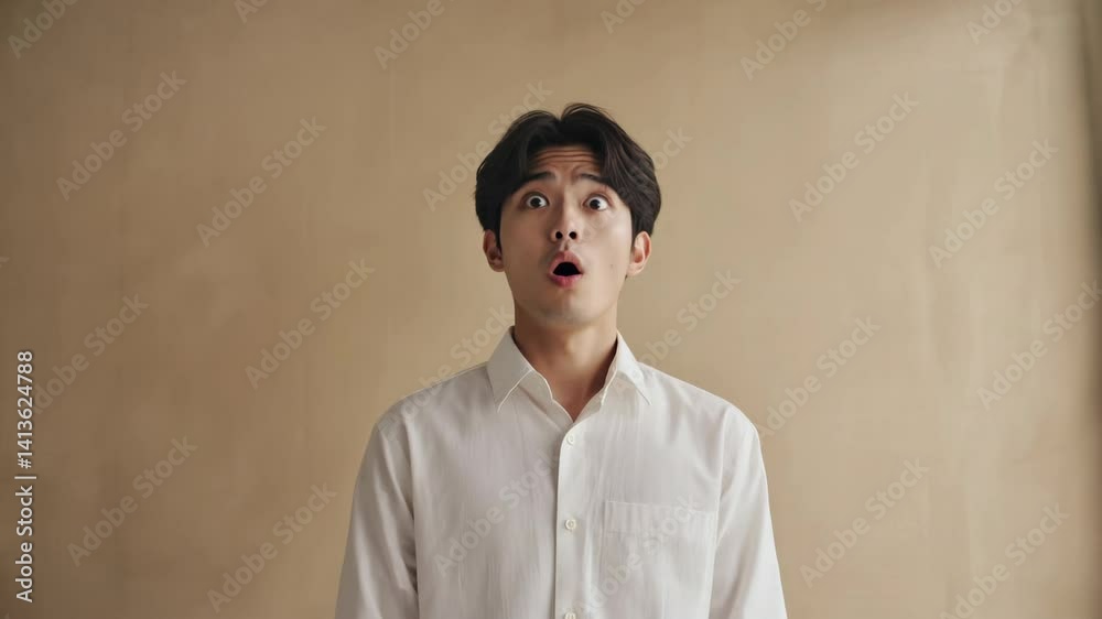 Surprised young adult looking upwards with wide eyes and open mouth while wearing a collared white shirt on a beige background.