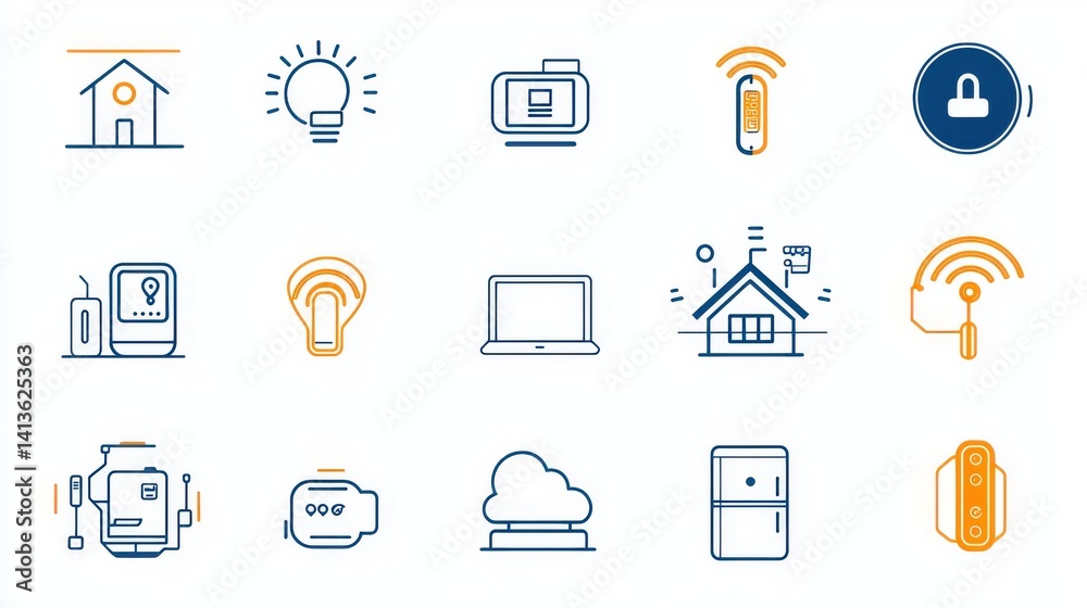 A collection of simple and minimalist icons representing various smart home technological devices and innovations including lighting security appliances and digital interfaces A collection of simple and minimalist icons representing various smart home technological devices and innovations including lighting security appliances and digital interfaces