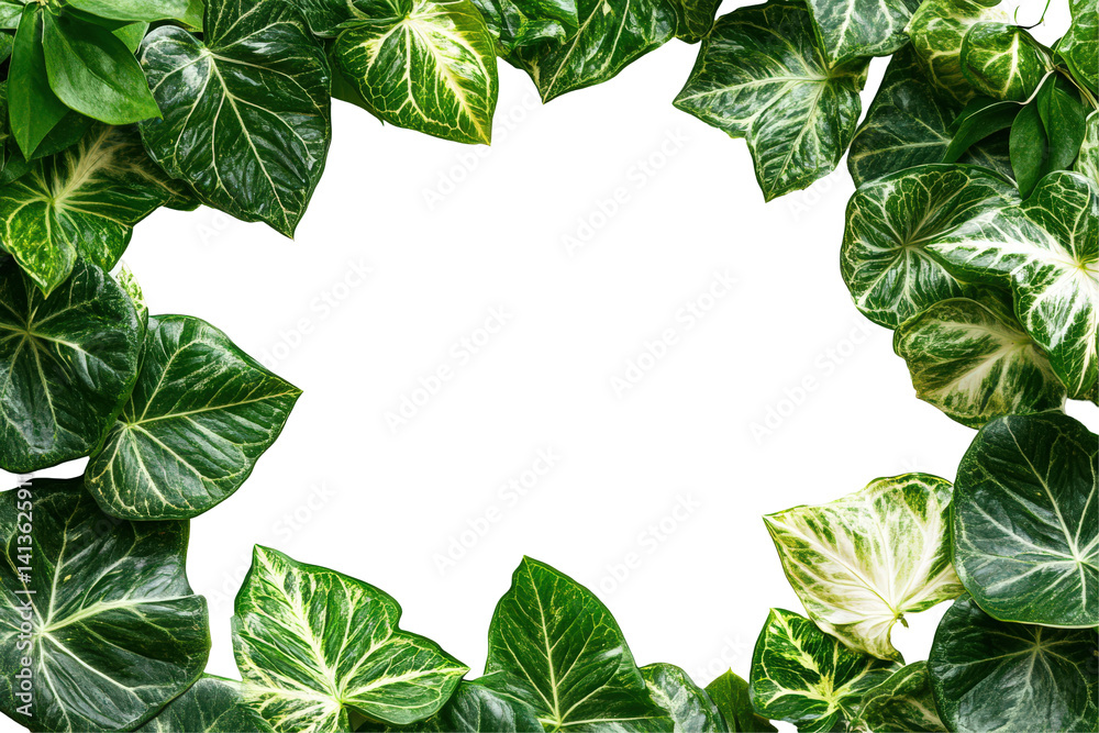 Fototapeta premium Lush green tropical leaves creating a vibrant frame with a blank center isolated on transparent background