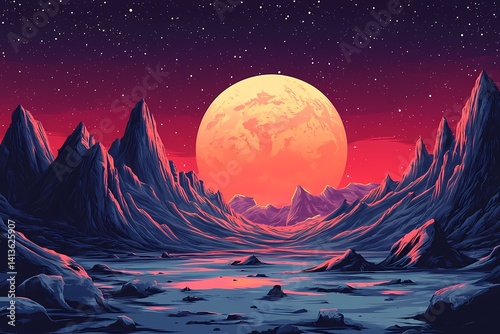 Alien Terrain Under Moonlit Night: Stellar Sci-Fi Landscape with Vivid Colors and Surreal Exploration