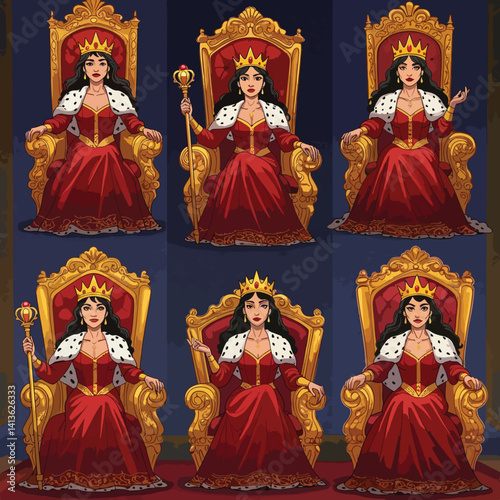 Set of Elegant Cartoon Queens on Golden Thrones