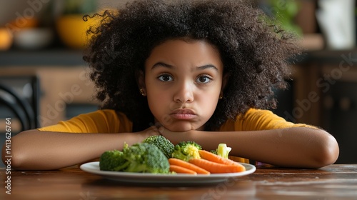 Unhappy girl facing plate of broccoli and carrots