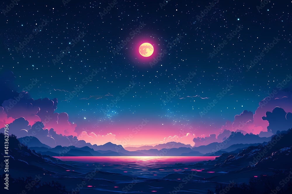 Obraz premium Cosmic Landscape: Enchanting Night Sky with Vibrant Colors Over Tranquil Waters and Mountain Silhouette