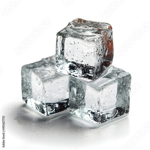 Three glistening ice cubes rest on a white background showing their crystal clear texture and subtle water droplets.