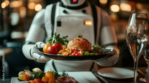 Robot waiter serving food in a restaurant,  