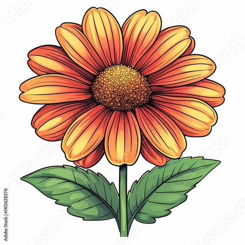 Vibrant Orange Floral Illustration – Botanical Artwork with Green Leaves and Nature-inspired Design