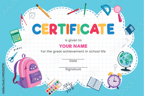 School graduation certificate template clipart. Kindergarten educational award certificate clip art for graduate appreciation achievement editable diploma vector illustration.   
