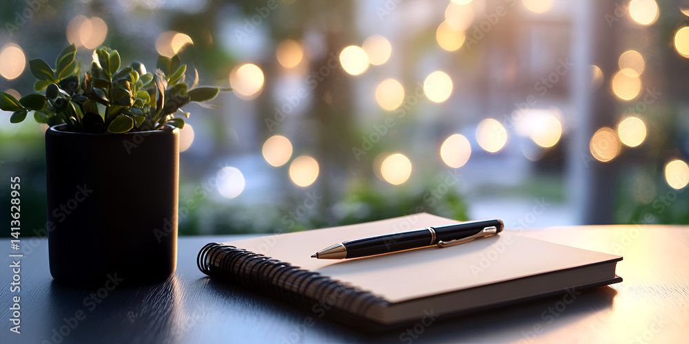 Stationery Mockup with Notebook, Pen, and Bokeh Background