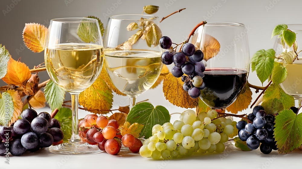Fototapeta premium Four glasses of white and red wine are displayed alongside bunches of ripe red and green grapes and autumn leaves.