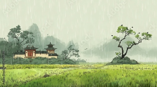 Misty, rain-drenched landscape with Asian-style buildings. photo