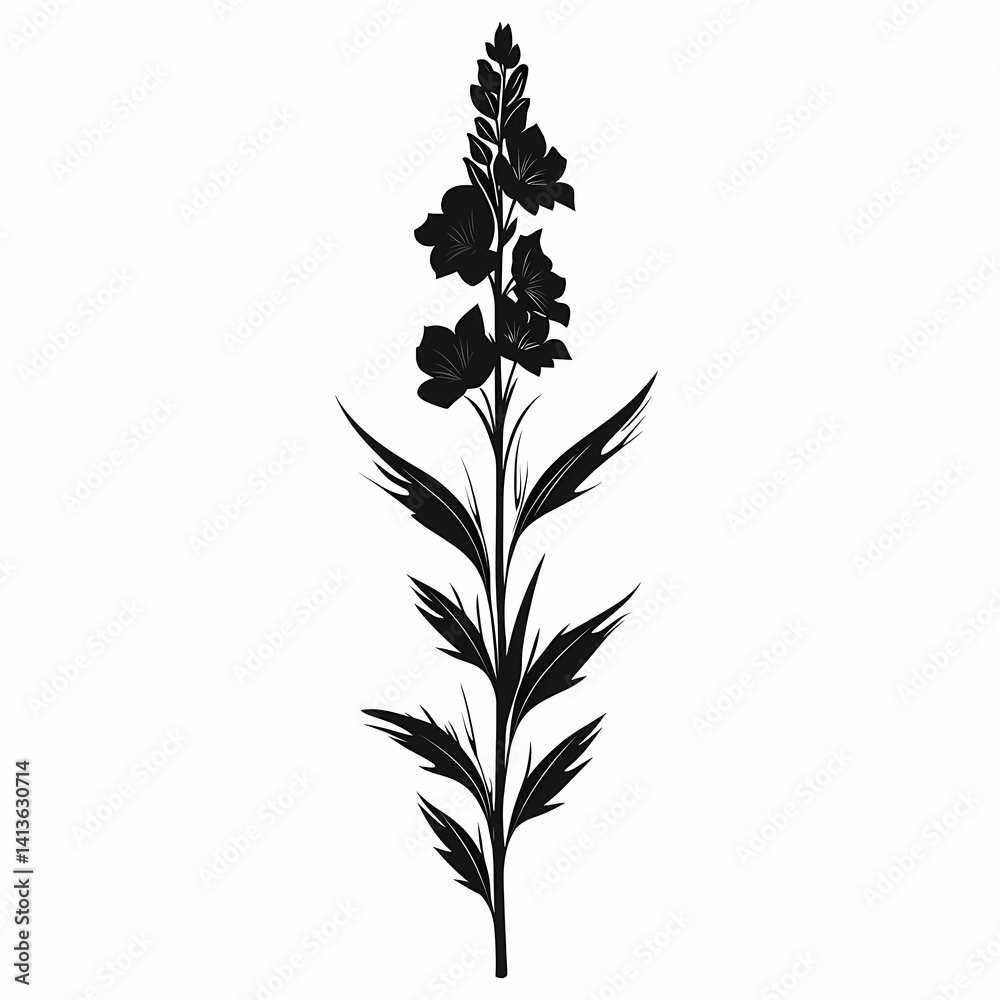 Fototapeta premium Black Silhouette Flower Vector Illustration: Elegant Botanical Design with Ornamental Floral Art and Decorative Leaf Patterns