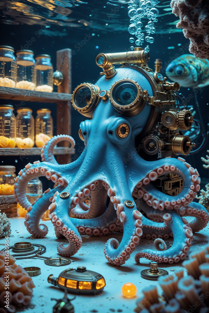 Fototapeta premium The Underwater Inventor Octopus is a genius cephalopod engineer who resides in a coral-covered workshop deep beneath the ocean