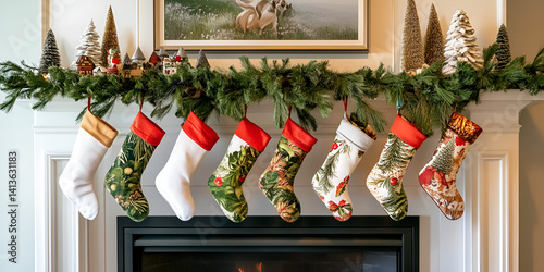 Obraz na płótnie Stockings Filled with Gifts on a Mantle for Christmas w salonie
