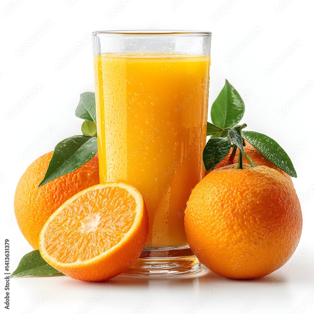 A refreshing glass of freshly squeezed orange juice sits beside ripe oranges and vibrant green leaves on a white background. A refreshing glass of freshly squeezed orange juice sits beside ripe oranges and vibrant green leaves on a white background.
